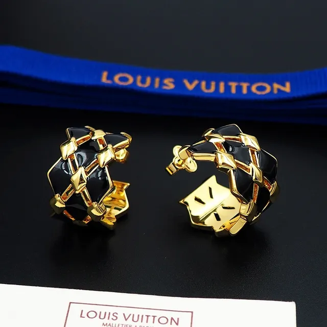 Louis Vuitton Geometric Lattice Black Enamel Earrings 3