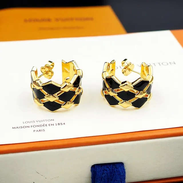 Louis Vuitton Geometric Lattice Black Enamel Earrings 4