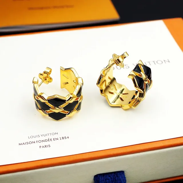 Louis Vuitton Geometric Lattice Black Enamel Earrings 5