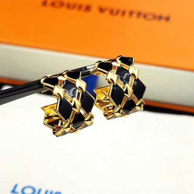 Louis Vuitton Geometric Lattice Black Enamel Earrings 7