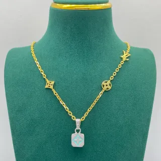 Louis Vuitton Gold Blue Curb Chain Enamel-Accented Square Pendant Necklace