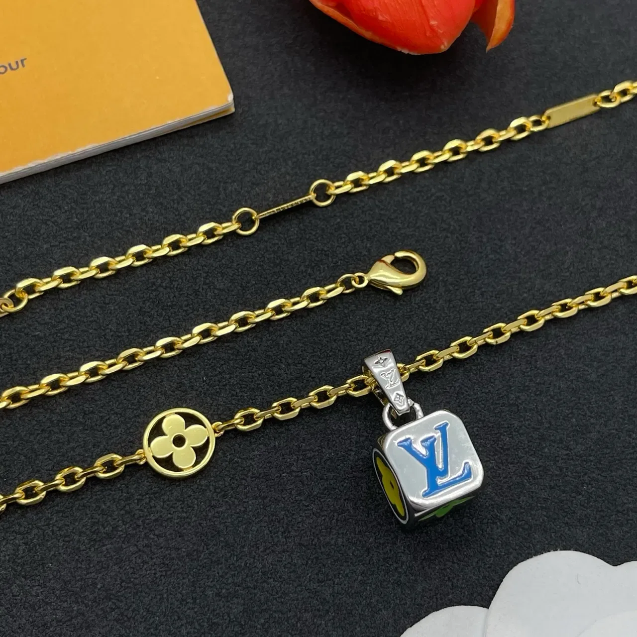 Louis Vuitton Gold Blue Curb Chain Enamel-Accented Square Pendant Necklace 5