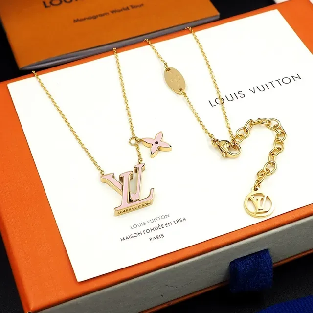 Louis Vuitton Gold Pink Chain Enamel-Filled Monogram Necklace 5