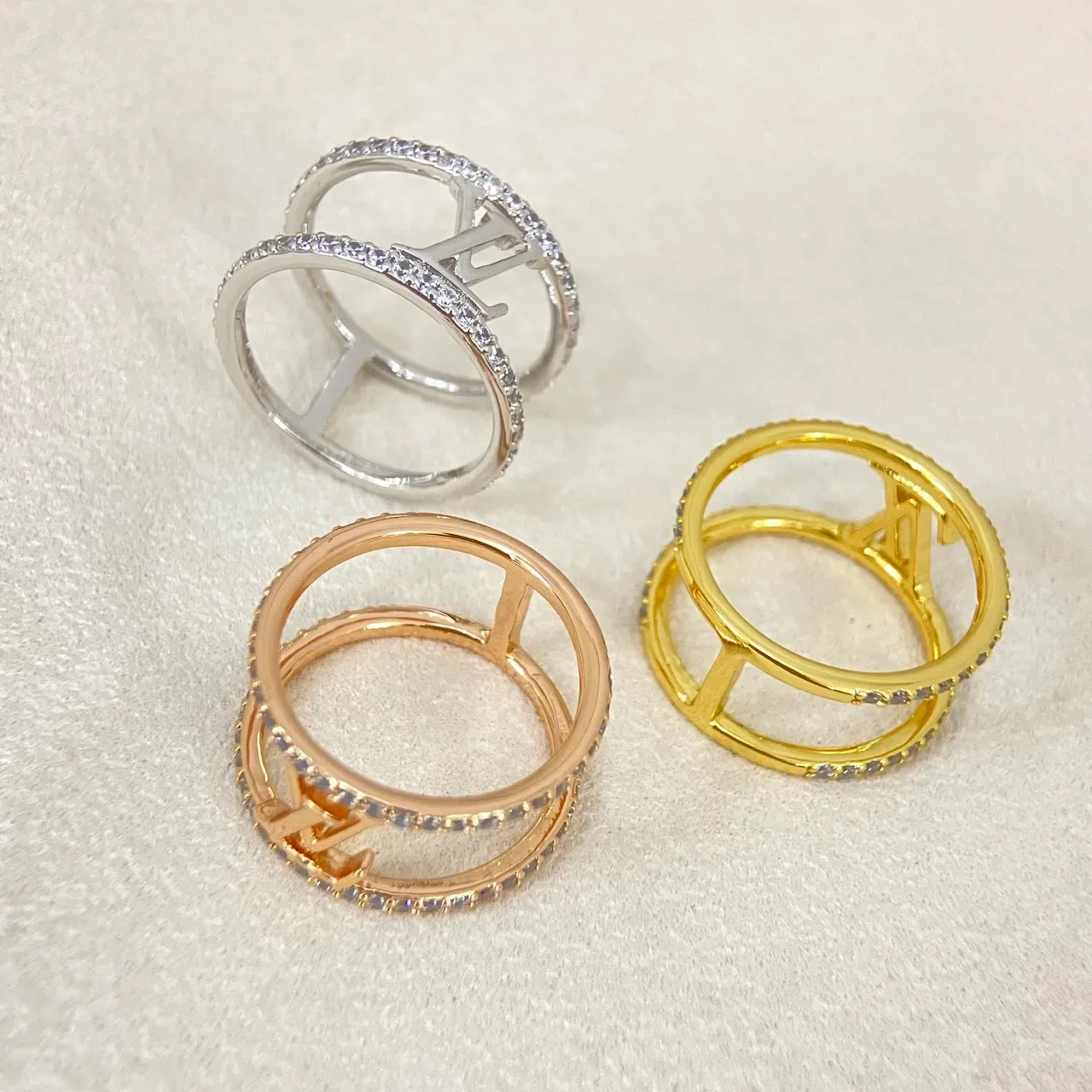 Louis Vuitton Gold Silver Double-Band Pavé Crystal Ring 3