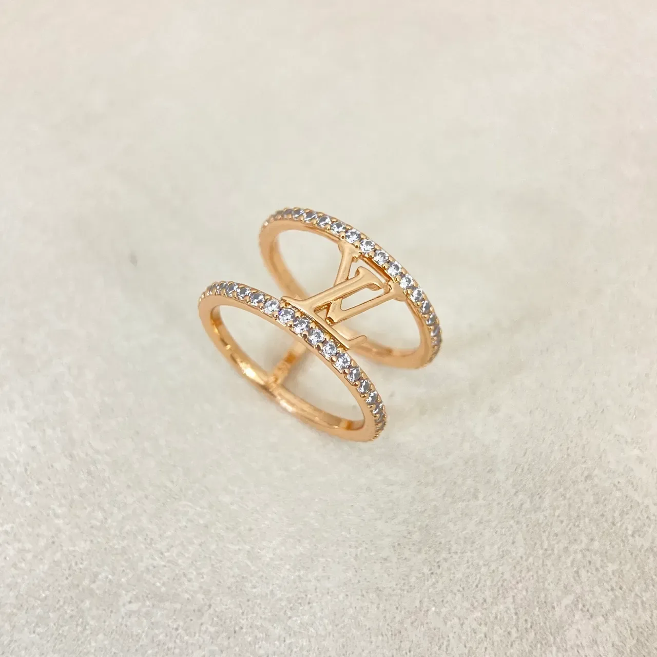 Louis Vuitton Gold Silver Double-Band Pavé Crystal Ring 6