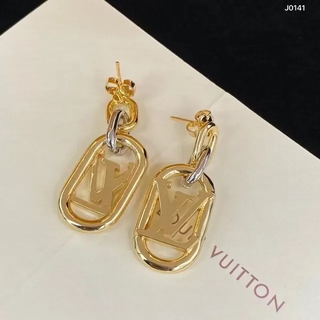 Louis Vuitton Gold Silver Metal Openwork LV Monogram Earrings 4