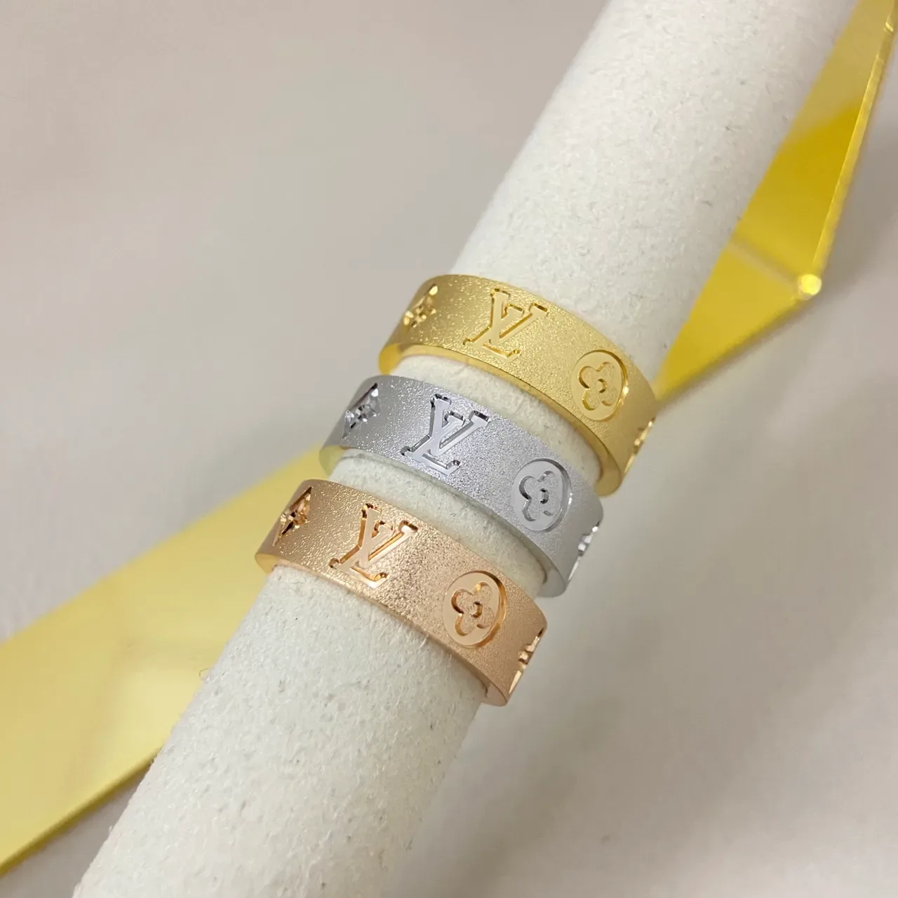 Louis Vuitton Gold Silver Monogram-Engraved Flat-Band Ring 2