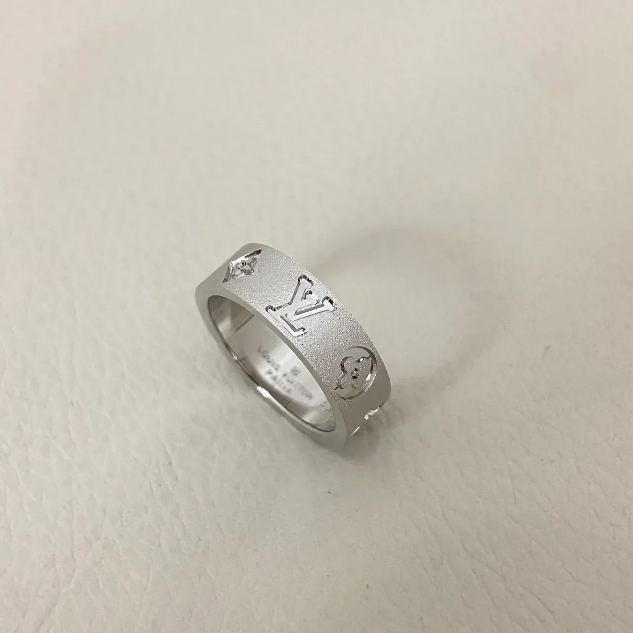 Louis Vuitton Gold Silver Monogram-Engraved Flat-Band Ring 5