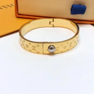 Louis Vuitton Gold Silver Rigid Hinged Bangle Monogram-Engraved Bracelet