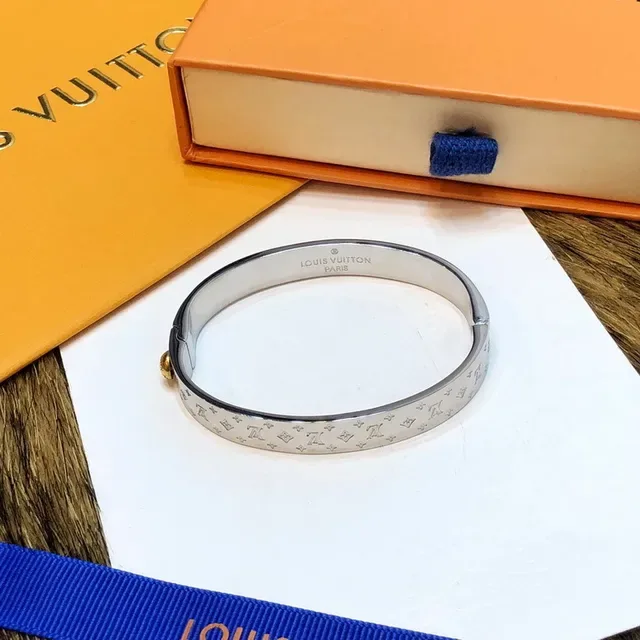 Louis Vuitton Gold Silver Rigid Hinged Bangle Monogram-Engraved Bracelet 3