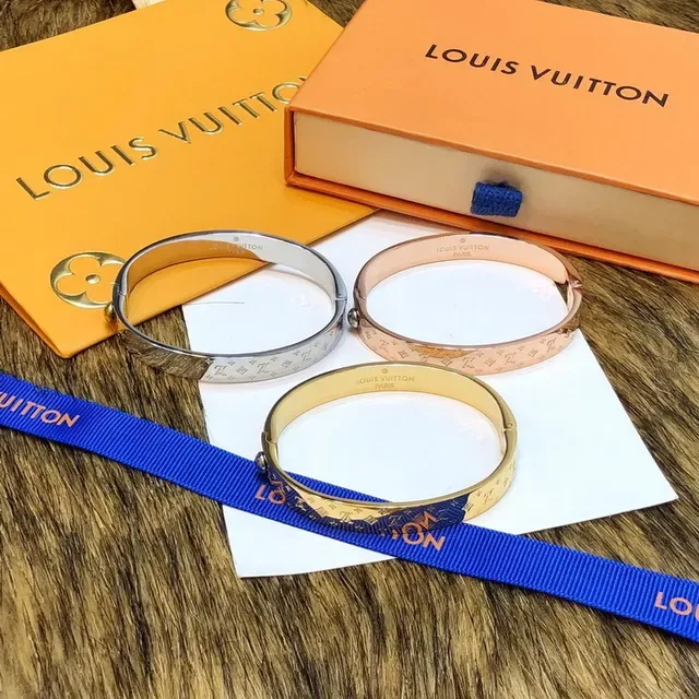 Louis Vuitton Gold Silver Rigid Hinged Bangle Monogram-Engraved Bracelet 4