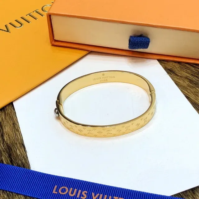 Louis Vuitton Gold Silver Rigid Hinged Bangle Monogram-Engraved Bracelet 5