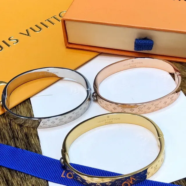 Louis Vuitton Gold Silver Rigid Hinged Bangle Monogram-Engraved Bracelet 6