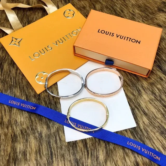 Louis Vuitton Gold Silver Rigid Hinged Bangle Monogram-Engraved Bracelet 7