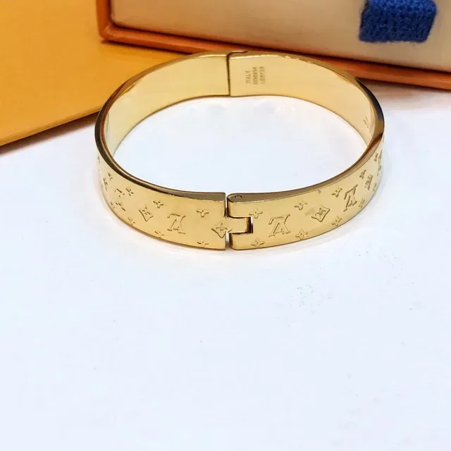 Louis Vuitton Gold Silver Rigid Hinged Bangle Monogram-Engraved Bracelet 8