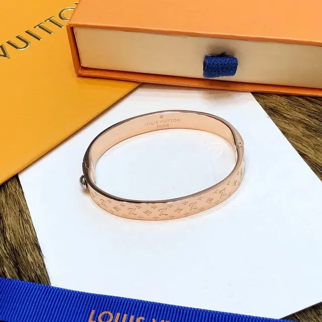 Louis Vuitton Gold Silver Rigid Hinged Bangle Monogram-Engraved Bracelet 9