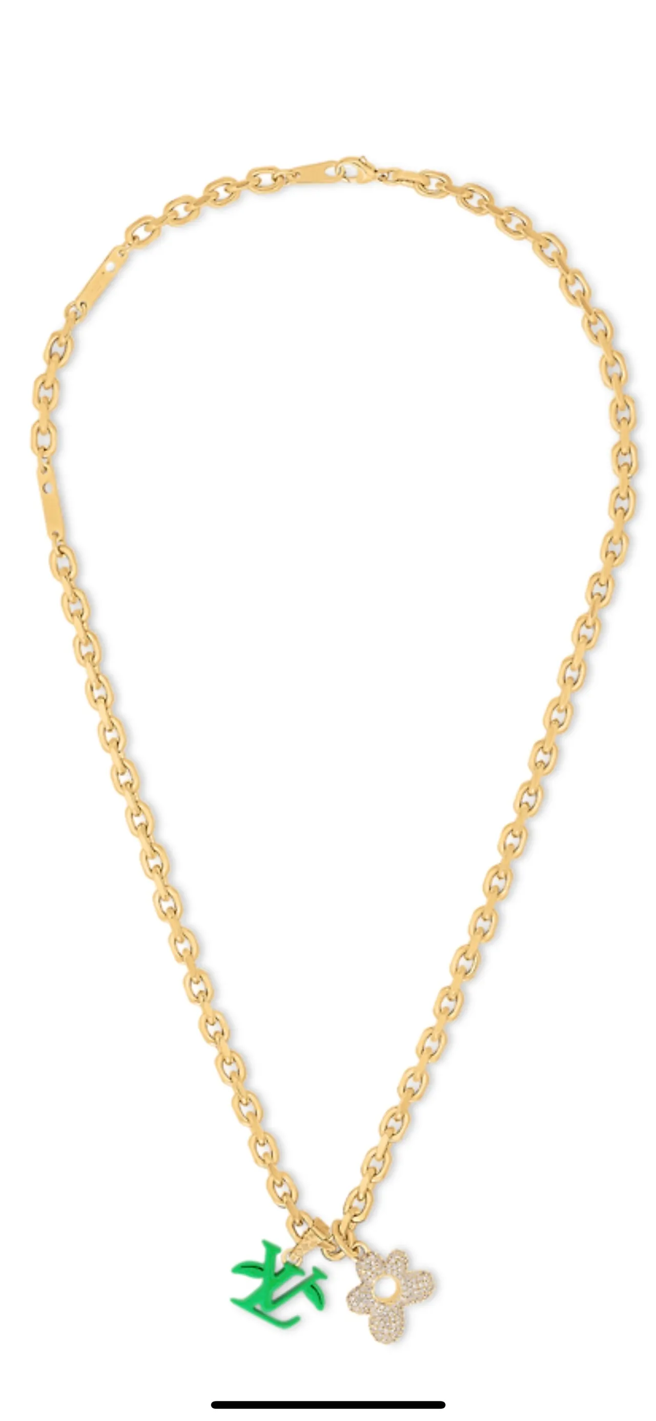 Louis Vuitton Gold-Tone Crystal Flower and Green LV Monogram Pendant Necklace 8