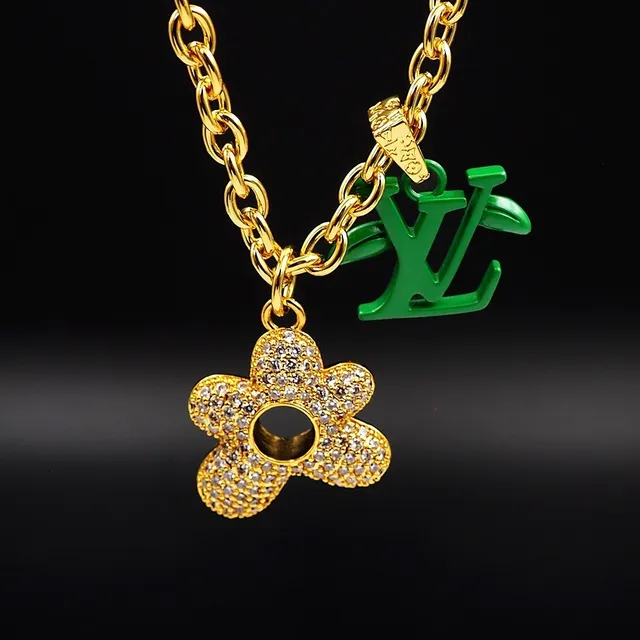 Louis Vuitton Gold-Tone Crystal Flower and Green LV Monogram Pendant Necklace 9