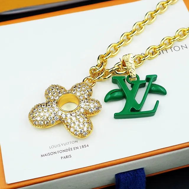 Louis Vuitton Gold-Tone Crystal Flower and Green LV Monogram Pendant Necklace 10
