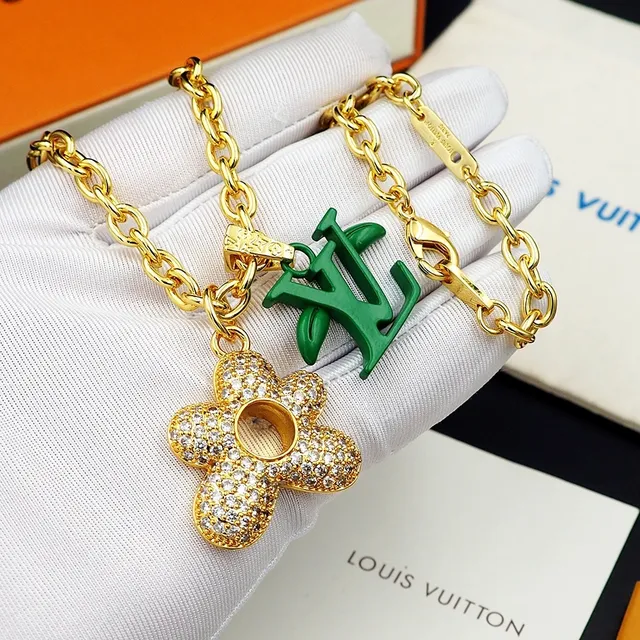 Louis Vuitton Gold-Tone Crystal Flower and Green LV Monogram Pendant Necklace 11