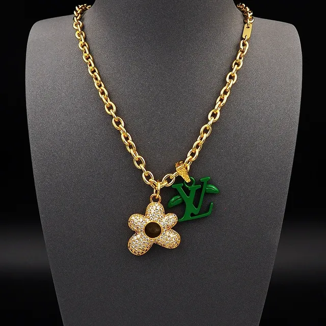 Louis Vuitton Gold-Tone Crystal Flower and Green LV Monogram Pendant Necklace 12