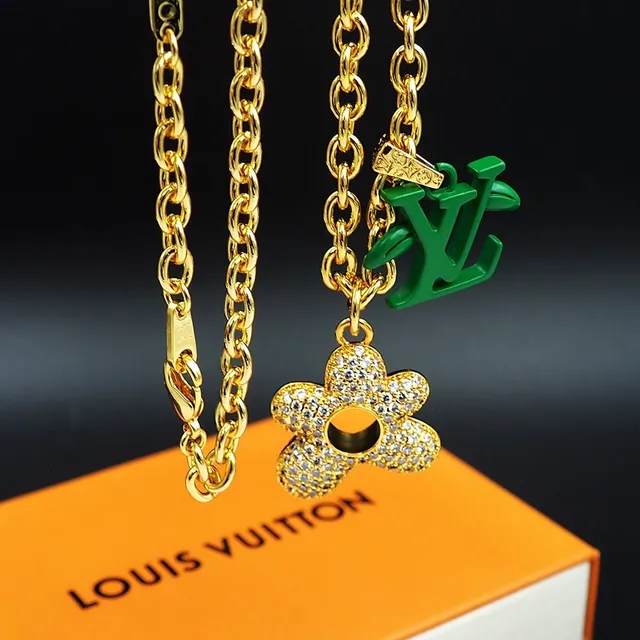 Louis Vuitton Gold-Tone Crystal Flower and Green LV Monogram Pendant Necklace 2