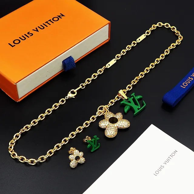 Louis Vuitton Gold-Tone Crystal Flower and Green LV Monogram Pendant Necklace 3