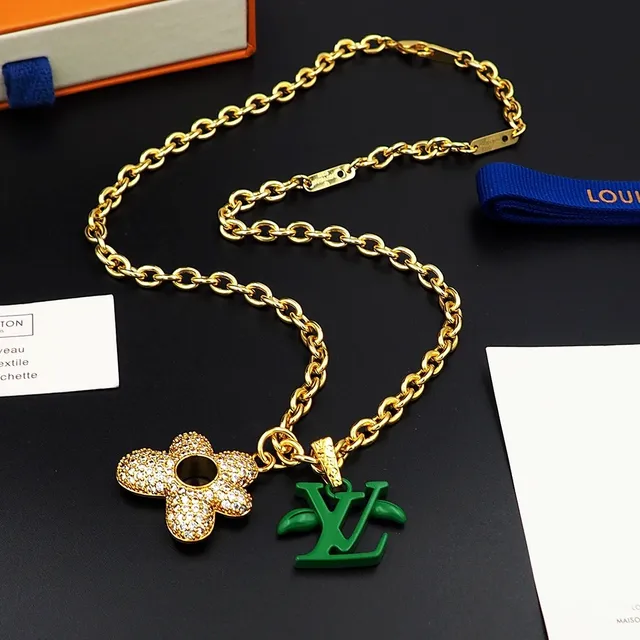 Louis Vuitton Gold-Tone Crystal Flower and Green LV Monogram Pendant Necklace 4