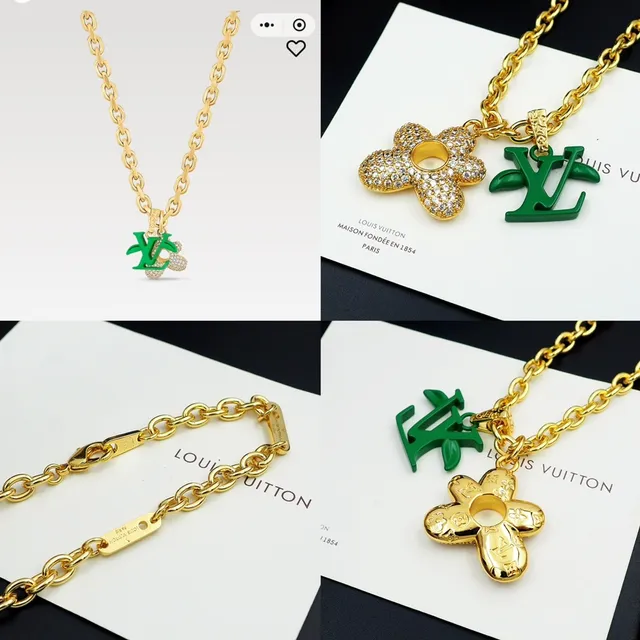 Louis Vuitton Gold-Tone Crystal Flower and Green LV Monogram Pendant Necklace 6