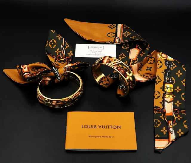 Louis Vuitton Gold-Tone Silk Scarf-Wrapped Monogram Bracelet 3