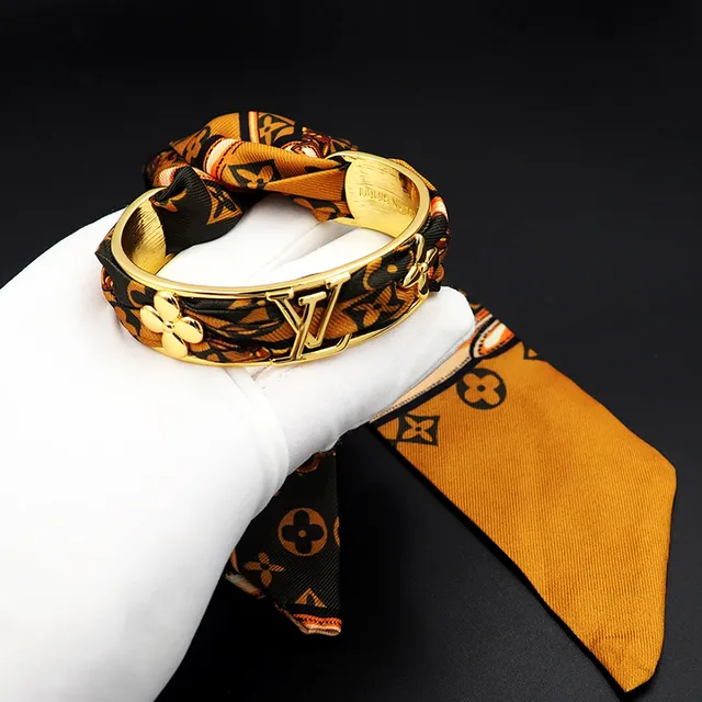 Louis Vuitton Gold-Tone Silk Scarf-Wrapped Monogram Bracelet 5