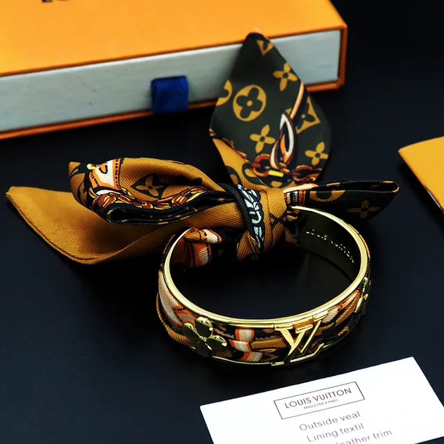 Louis Vuitton Gold-Tone Silk Scarf-Wrapped Monogram Bracelet 6