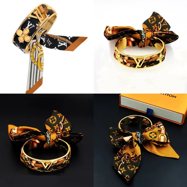 Louis Vuitton Gold-Tone Silk Scarf-Wrapped Monogram Bracelet 9