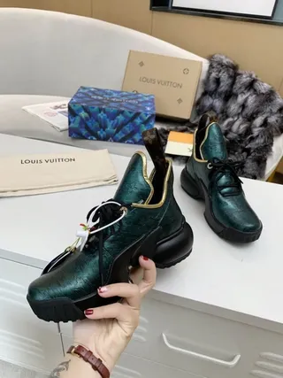 Louis Vuitton Green Black Metallic Monogram Leather Gold-Trimmed Collar Chunky Sneakers 2