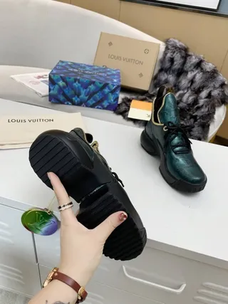 Louis Vuitton Green Black Metallic Monogram Leather Gold-Trimmed Collar Chunky Sneakers 3