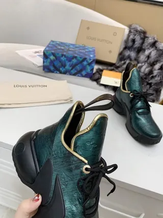 Louis Vuitton Green Black Metallic Monogram Leather Gold-Trimmed Collar Chunky Sneakers 4