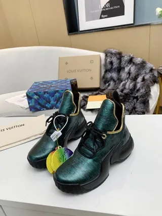 Louis Vuitton Green Black Metallic Monogram Leather Gold-Trimmed Collar Chunky Sneakers 5