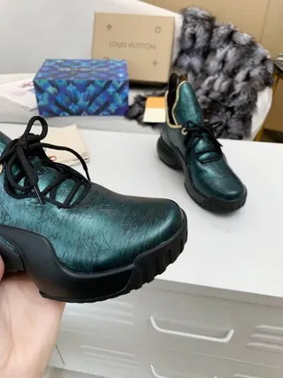 Louis Vuitton Green Black Metallic Monogram Leather Gold-Trimmed Collar Chunky Sneakers 8
