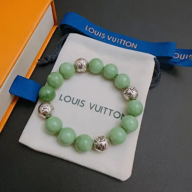 Louis Vuitton Green Jade and Silver Monogram Beaded Bracelet 5