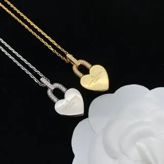 Louis Vuitton Heart Lock Gold Silver Pendant Pavé-Set Stone Bail Necklace