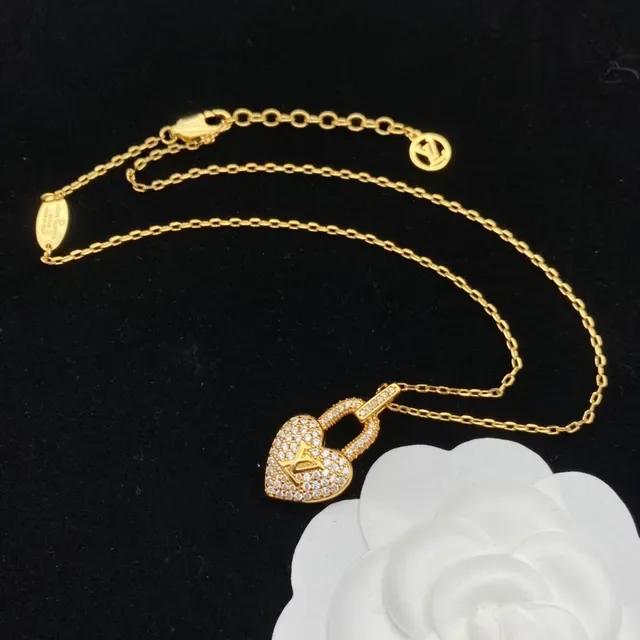 Louis Vuitton Heart Lock Gold Silver Pendant Pavé-Set Stone Bail Necklace 2