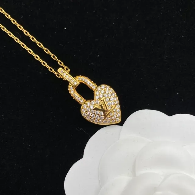 Louis Vuitton Heart Lock Gold Silver Pendant Pavé-Set Stone Bail Necklace 3