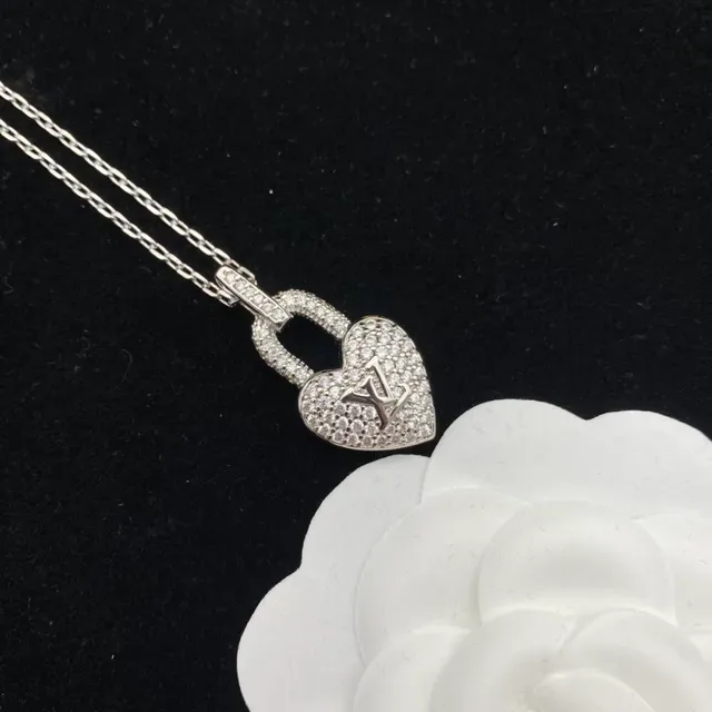 Louis Vuitton Heart Lock Gold Silver Pendant Pavé-Set Stone Bail Necklace 4