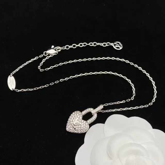 Louis Vuitton Heart Lock Gold Silver Pendant Pavé-Set Stone Bail Necklace 6
