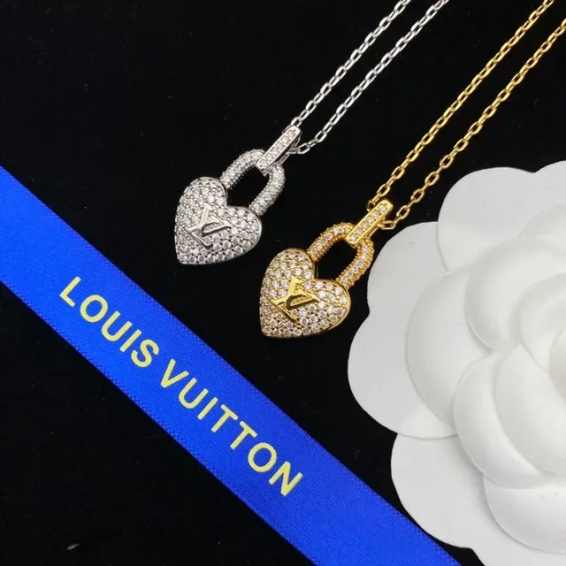 Louis Vuitton Heart Lock Gold Silver Pendant Pavé-Set Stone Bail Necklace 7