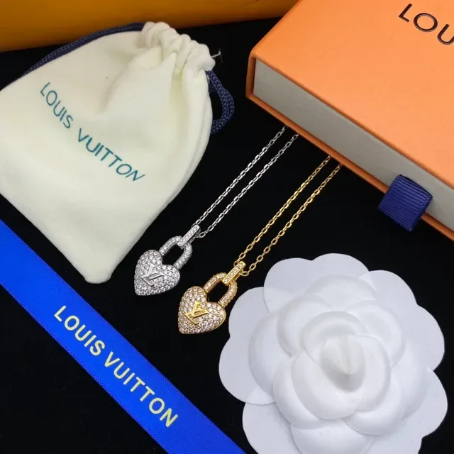 Louis Vuitton Heart Lock Gold Silver Pendant Pavé-Set Stone Bail Necklace 8