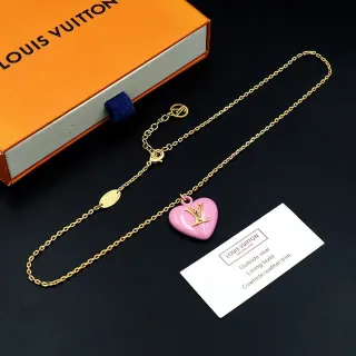 Louis Vuitton Heart Pendant Pink Gold Curb Chain Enamel Necklace