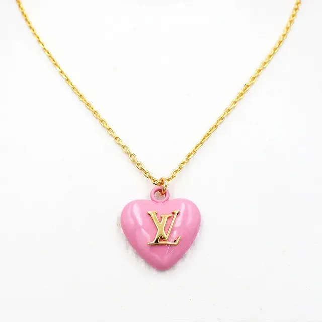 Louis Vuitton Heart Pendant Pink Gold Curb Chain Enamel Necklace 6