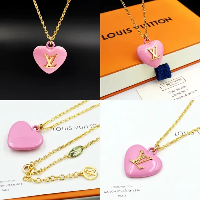 Louis Vuitton Heart Pendant Pink Gold Curb Chain Enamel Necklace 8
