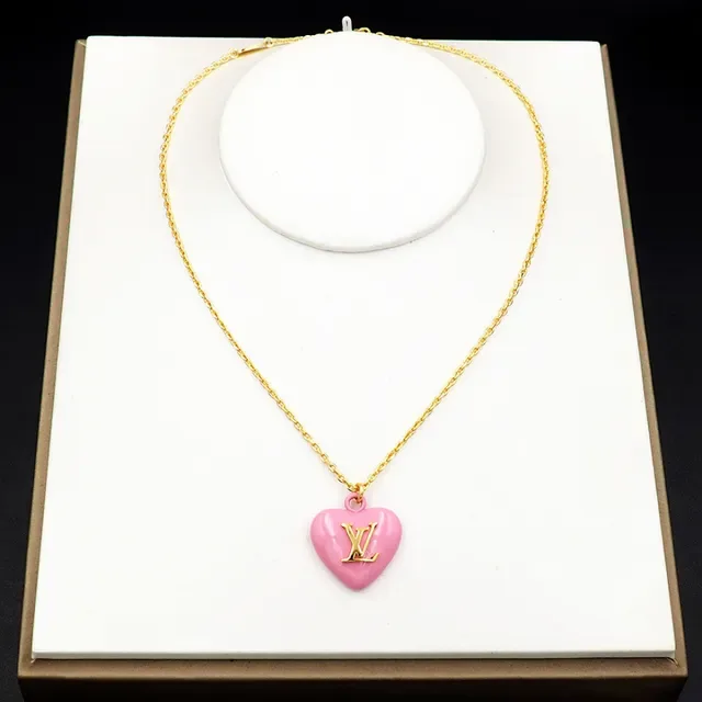 Louis Vuitton Heart Pendant Pink Gold Curb Chain Enamel Necklace 9